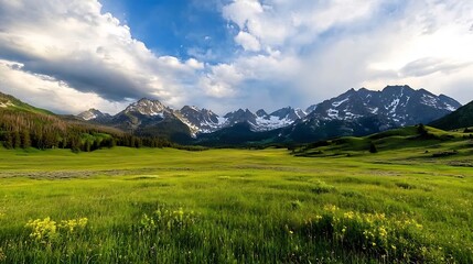 Fototapeta premium Breathtaking panoramic view of lush green valley surrounded by majestic mountains under a dramatic cloudy sky : Generative AI