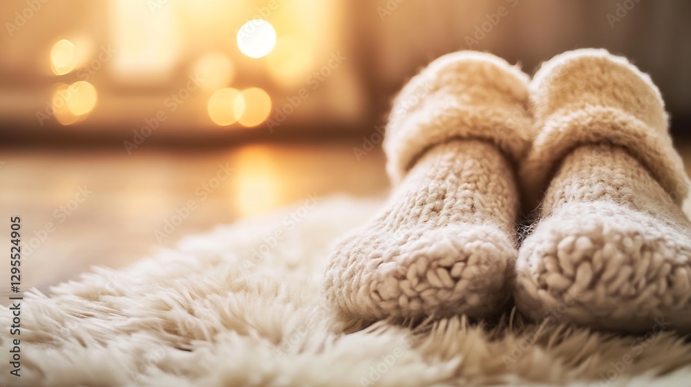 Poster Warm fuzzy wool slippers resting on a soft rug with a cozy ambient light in a home setting : Generative AI