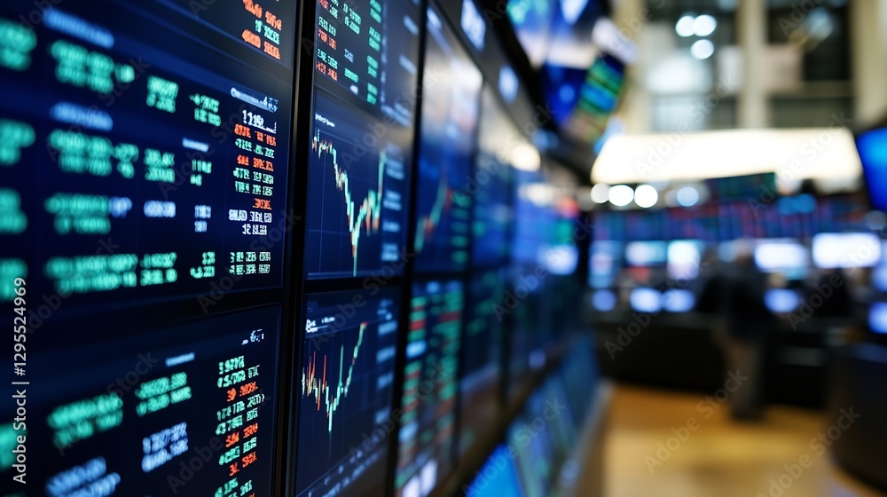 Poster Modern stock market display showcasing multiple financial graphs and trading data on screens in a trading room : Generative AI