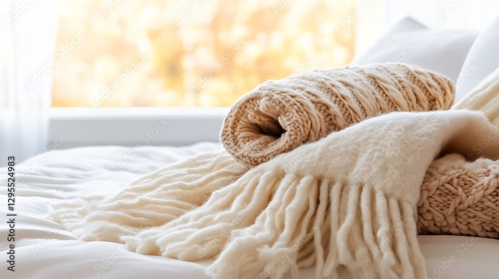 Poster warm cozy knitted blanket rolled up on a bed creating a peaceful autumn atmosphere : generative ai