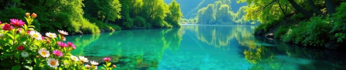 Lush green foliage surrounds a crystal-clear lake, water, tranquil, flowers