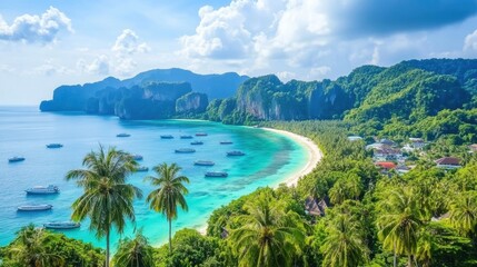 Aerial view of Phi Phi Islands, showcasing pristine beaches and emerald waters.