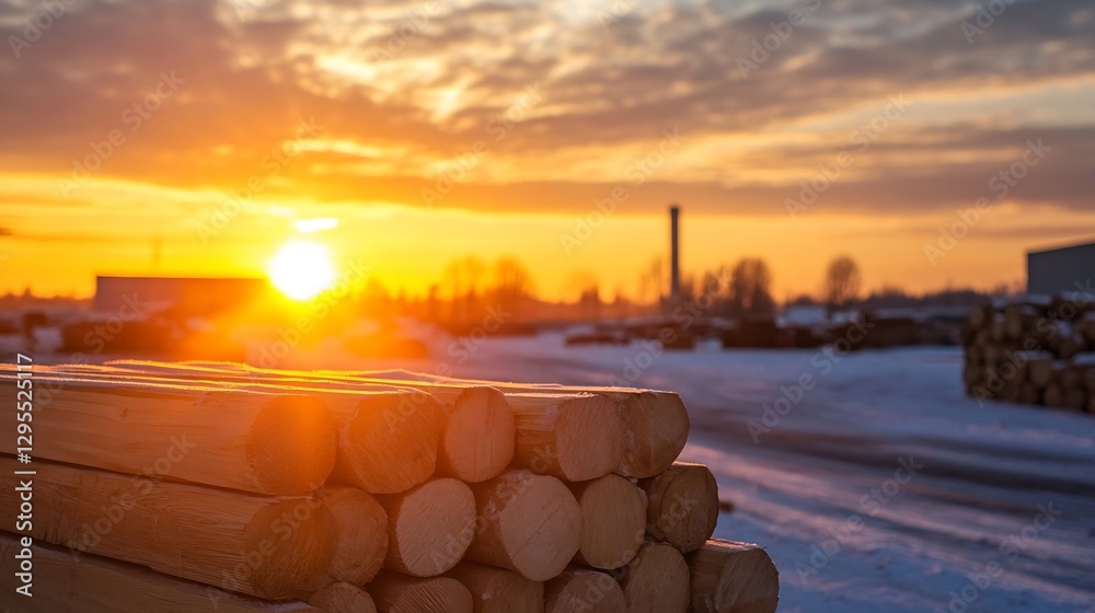 Poster the beauty of sunset over a lumber yard with stacked logs showcasing natural resources in a winter s