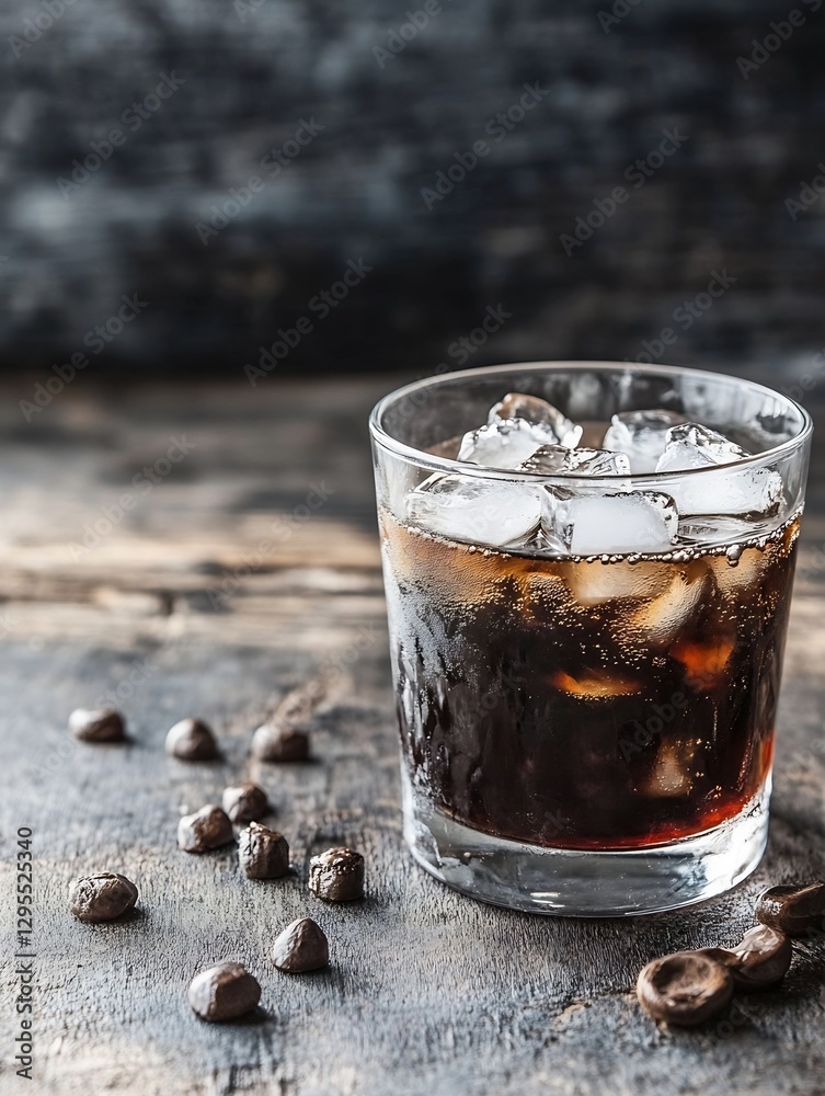 Poster Refreshing glass of cola with ice cubes and coffee beans on rustic wooden table : Generative AI
