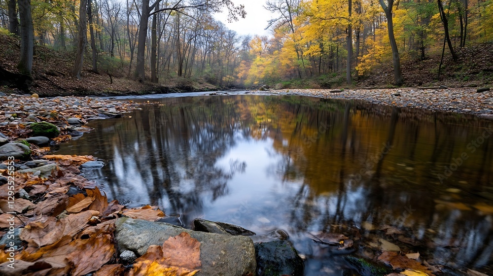 Poster serene river winding through an autumn forest with colorful leaves and still water reflections : gen
