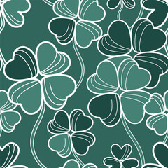 Fototapeta premium Many vector big linear four leaf clovers seamless pattern. Vintage St. Patrick's day background. Contour hand drawn floral print. Cute spring plant texture. Outline art. Elegant flowing shapes drawing