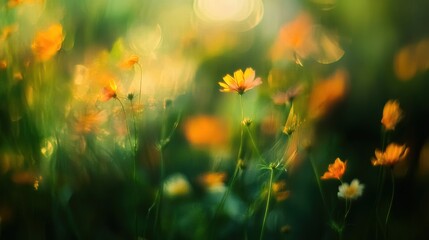 Golden Cosmos Flowers Bloom in Soft Sunlight