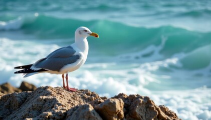 Fototapeta premium Seagull perched on a rocky coastline with waves crashing below, nature photography, rocky shores, waves