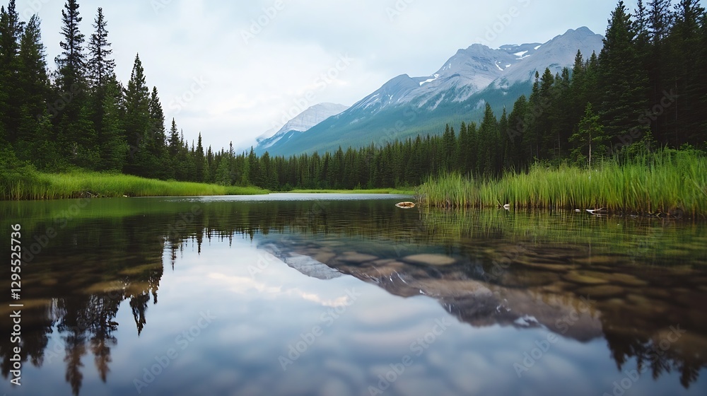 Poster tranquil mountain landscape with a reflective lake surrounded by greenery and towering pine trees : 