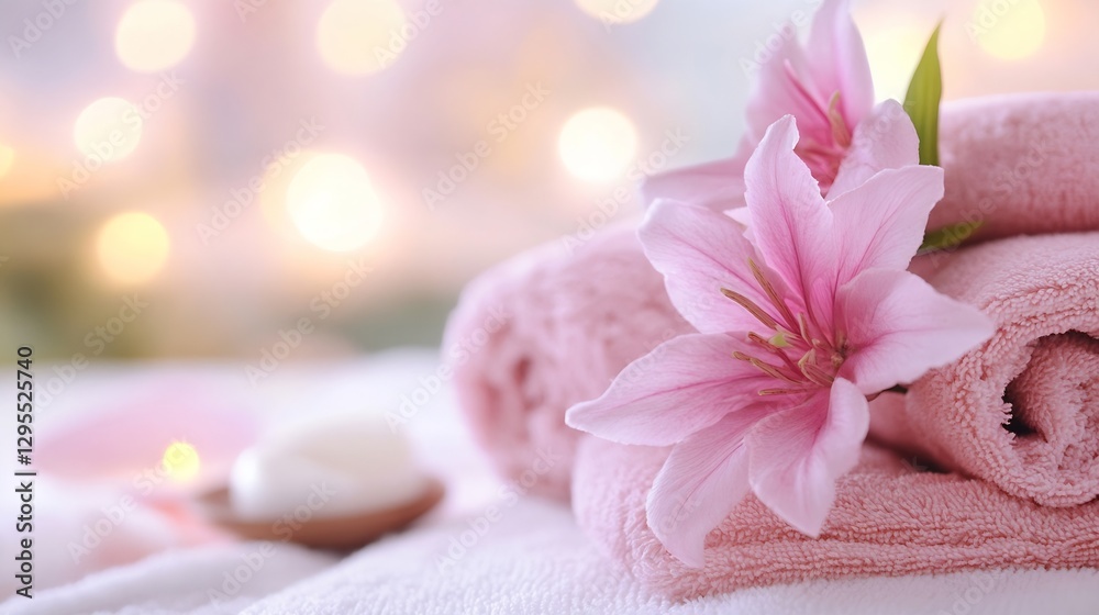 Leinwandbilder soft pink towels and lilies creating a relaxing spa setting with peaceful ambience : generative ai