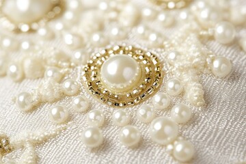 Close-Up of Intricate Pearl and Bead Embellishments on Fabric
