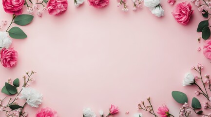 Pink background decorated with flowers for Mother's Day. Feminine flatley. Banner Romantic floral frame for Mother's Day. International Women's Day