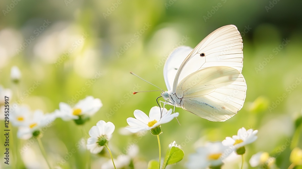 Aufkleber delicate white butterfly on a flower with soft focus background in a bright garden : generative ai