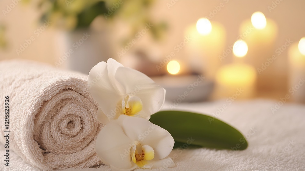 Poster relaxing spa towel and orchid flowers with soft candles in background for wellness and serenity them