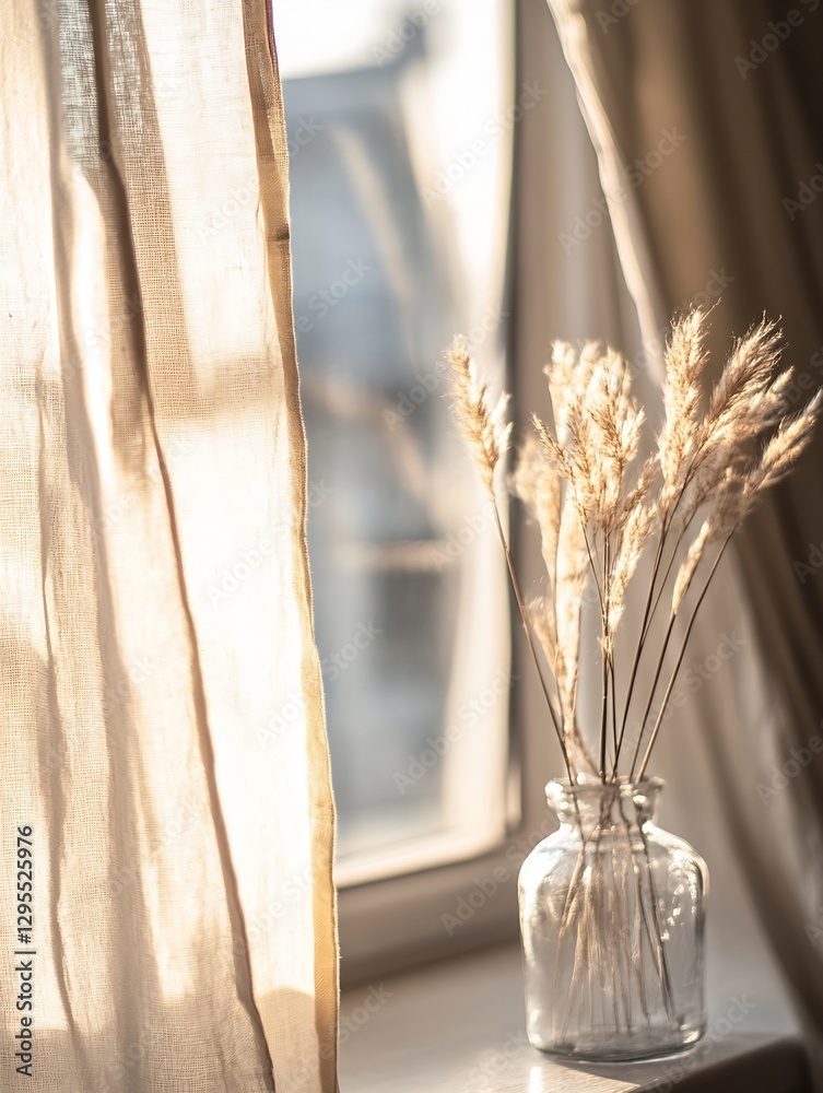 Poster soft sunlight filtering through sheer curtains illuminating a vase of dried flowers : generative ai