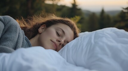 Peaceful moment of a young woman sleeping comfortably on soft bedding outdoors : Generative AI