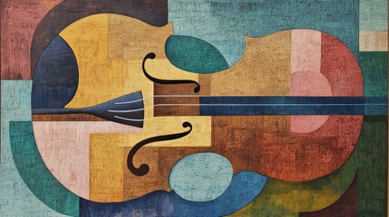 Abstract artwork depicts a violin through geometric shapes and colors