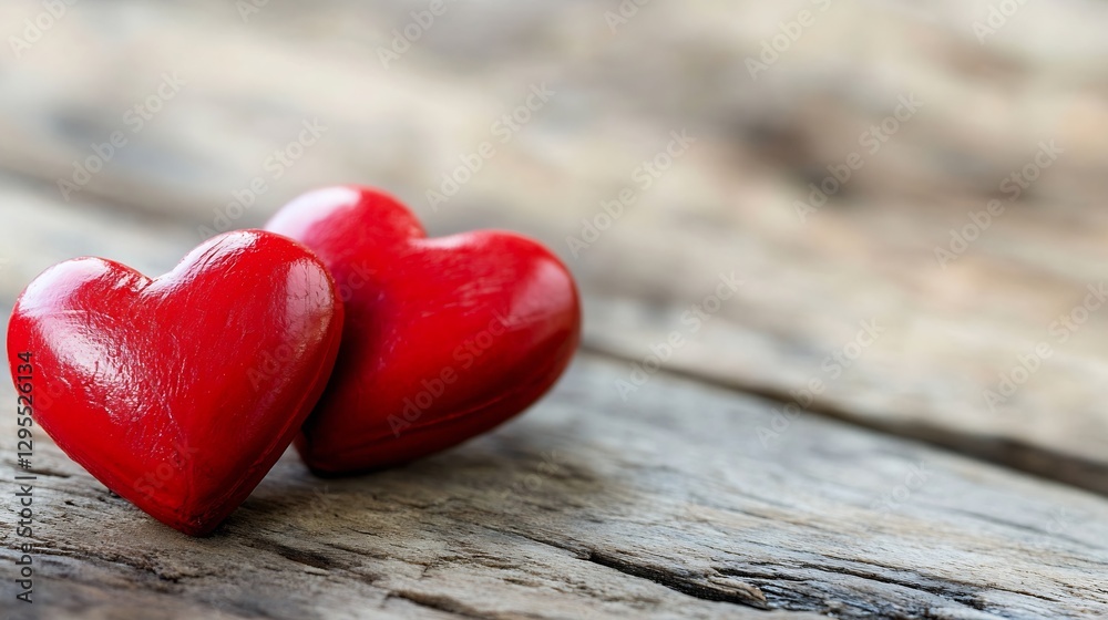 Poster two bright red wooden hearts symbolizing love and affection placed on rustic wooden background : gen