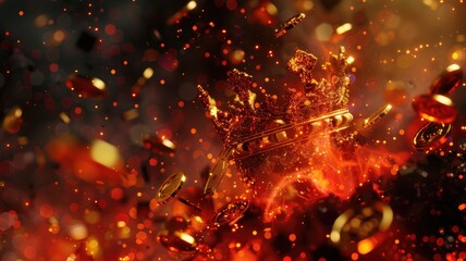 Golden crown surrounded by sparks and coins. Macro photography of golden crown with fire spark with yellow and red color. Royalty and wealth concept. Loyalty and luxury accessory design. AIG53.