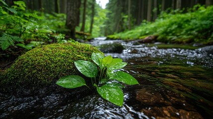 Lush green plant growing beside a flowing forest stream