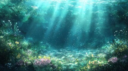 Obraz premium Underwater Scene Sunbeams Illuminate Serene Aquatic Plants