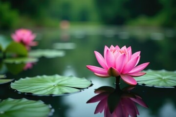 Obraz premium Pink lotus flower and water lilies create a serene scene, lake, water lily, aquatic