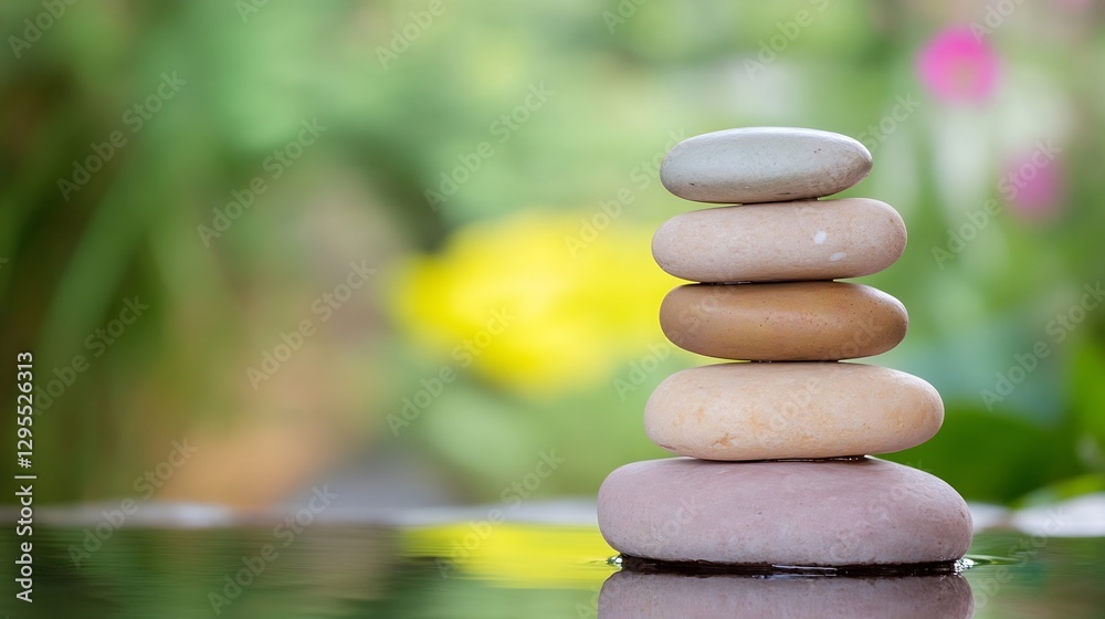 Poster zen stone stack on still water surface for calming meditation and relaxation : generative ai