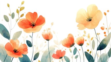 Watercolor painting of poppies and floral elements on white