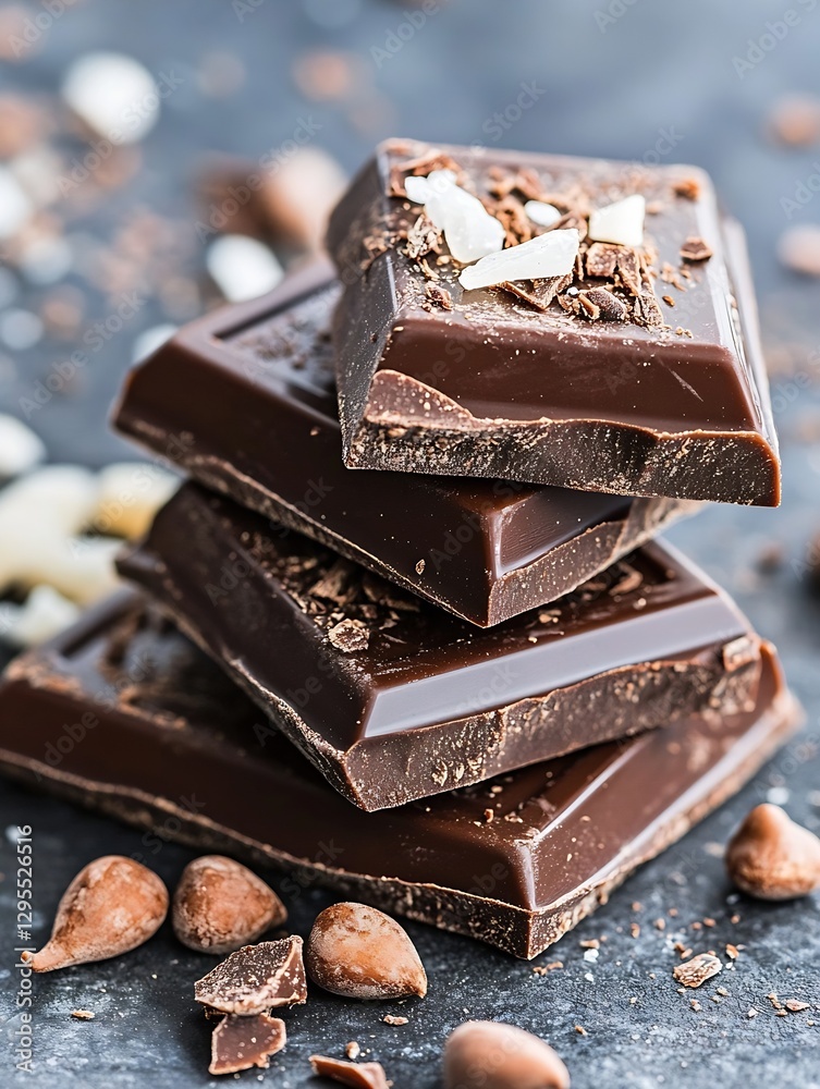 Poster Artisan dark chocolate squares stacked on a stylish surface surrounded by cocoa nibs : Generative AI