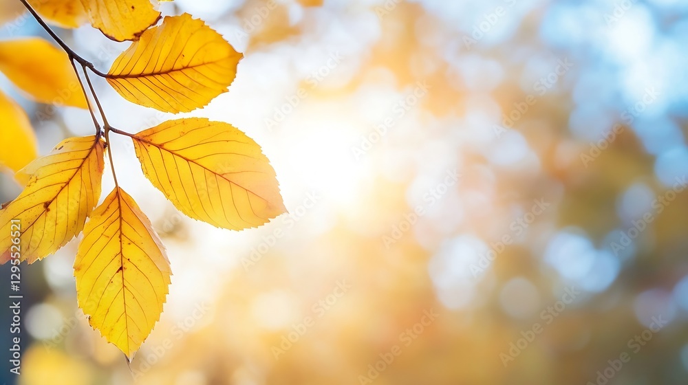 Poster Beautiful yellow autumn leaves illuminated by sunlight in a serene natural setting : Generative AI