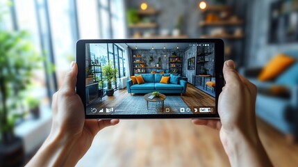 Hands hold tablet viewing 3D VR model of modern living room interior design
