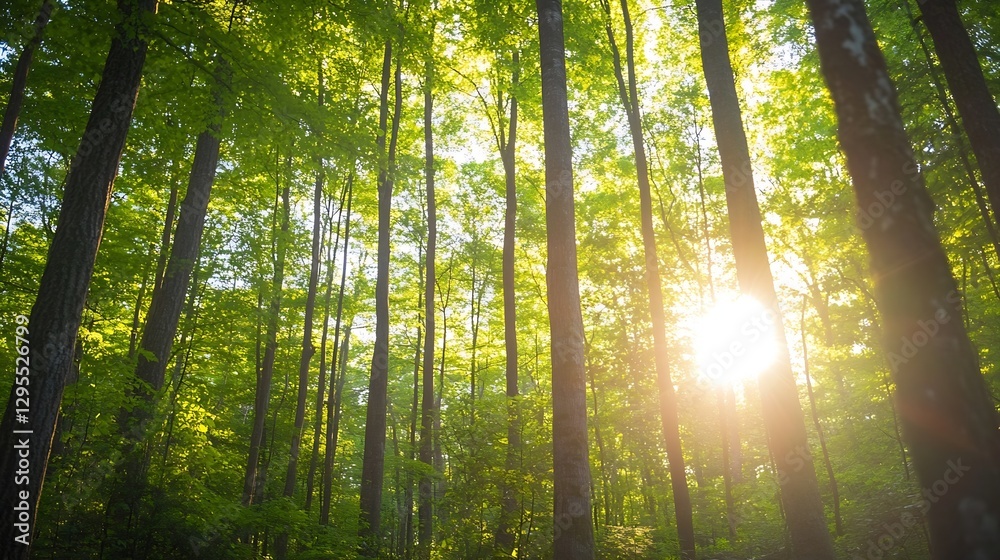 Fototapete sunlight filtering through lush green trees in an enchanting forest landscape : generative ai
