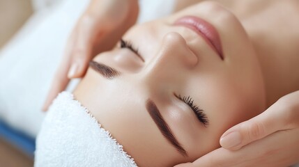 Fototapeta premium Relaxing spa treatment with a young woman receiving facial massage surrounded by tranquility : Generative AI