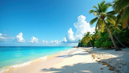 Obraz premium Seaside landscape with sandy beach and pine trees , ocean waves, pine forest, blue sky