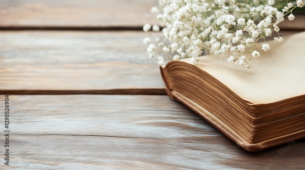 Poster an elegant old book with beautiful pages resting on a wooden table adorned with delicate white flowe