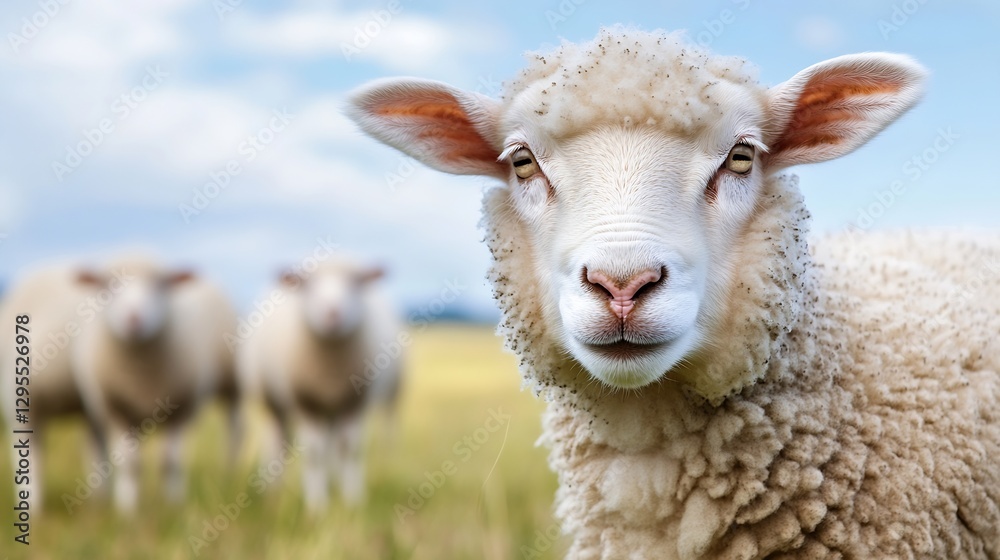 Poster Charming closeup of a sheep’s face with a soft fur coat in a lush green field : Generative AI