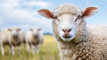 Fototapeta premium Charming closeup of a sheep’s face with a soft fur coat in a lush green field : Generative AI