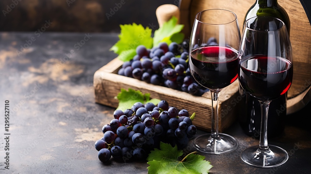 Aufkleber Elegant setup of red wine glasses on a rustic table surrounded by fresh grapes and a bottle : Generative AI