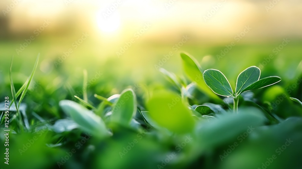 Aufkleber close up of vibrant green plant leaves glowing in natural sunlight with a soft bokeh background : ge