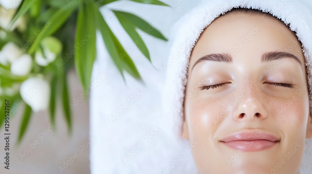 Poster close up of beautiful woman with towel on head relaxing with soft smile and spa surroundings : gener
