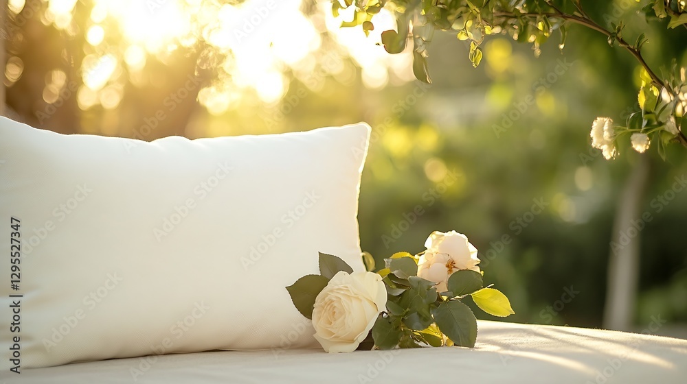 Poster elegant white pillow with fresh roses in a sunlit garden creating a relaxing and peaceful environmen
