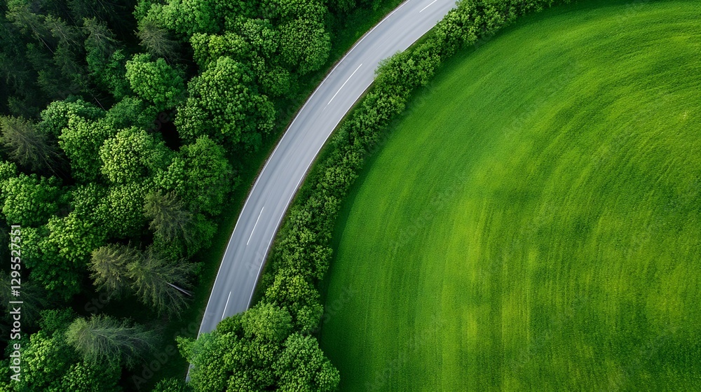 Poster aerial view of a winding road surrounded by vibrant green fields and lush trees in rural landscape :