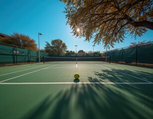 Bright afternoon on a tennis court with a single tennis ball resting on the green surface