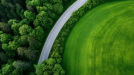 Aerial view of a winding road surrounded by vibrant green fields and lush trees in rural landscape : Generative AI