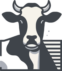 Cartoon illustration of a cow's face with a stylized background featuring stripes and dots