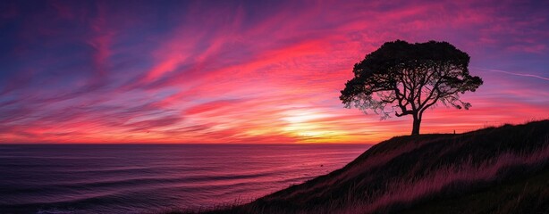 Serene Sunset Over the Ocean with Lone Tree Silhouette