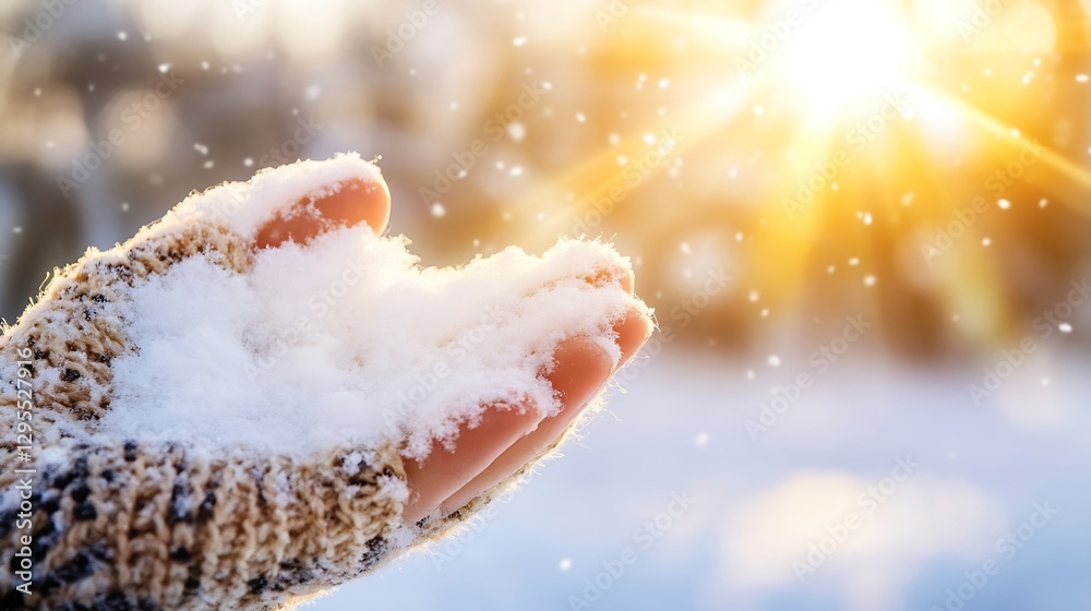 Poster handful of snow glistening in sunlight held by a soft gloved hand : generative ai