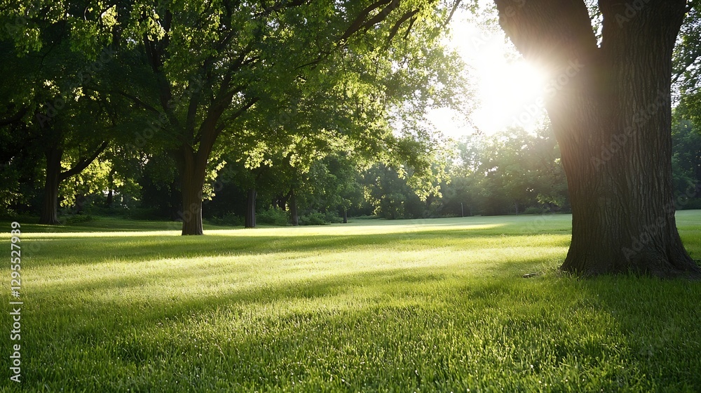 Poster lush green park scene with sunlight filtering through trees creating a peaceful natural atmosphere i