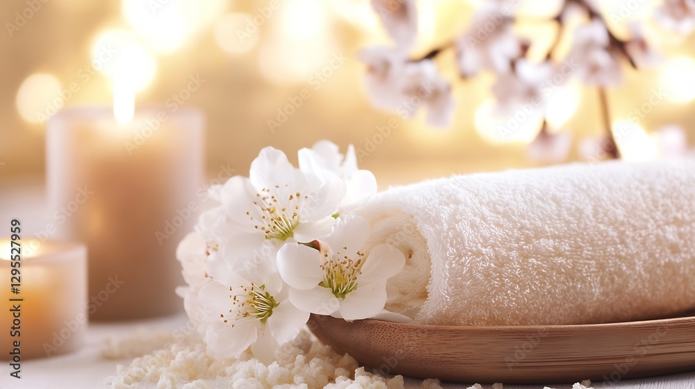 Poster spa setting with soft towels cherry blossoms and candles for relaxation and rejuvenation : generativ