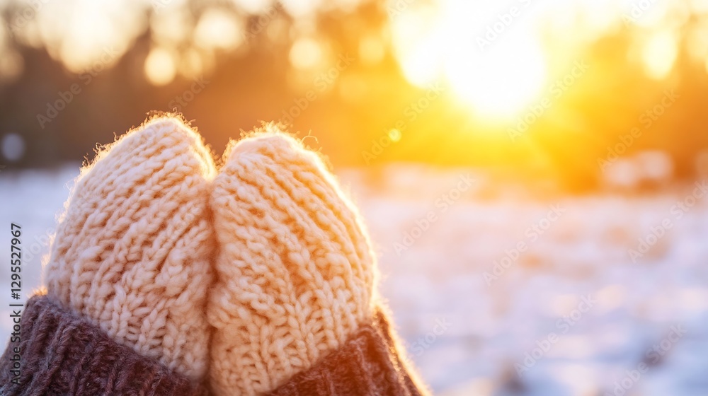 Aufkleber warm knitted mittens held together during a beautiful sunset with soft light in the background : gen